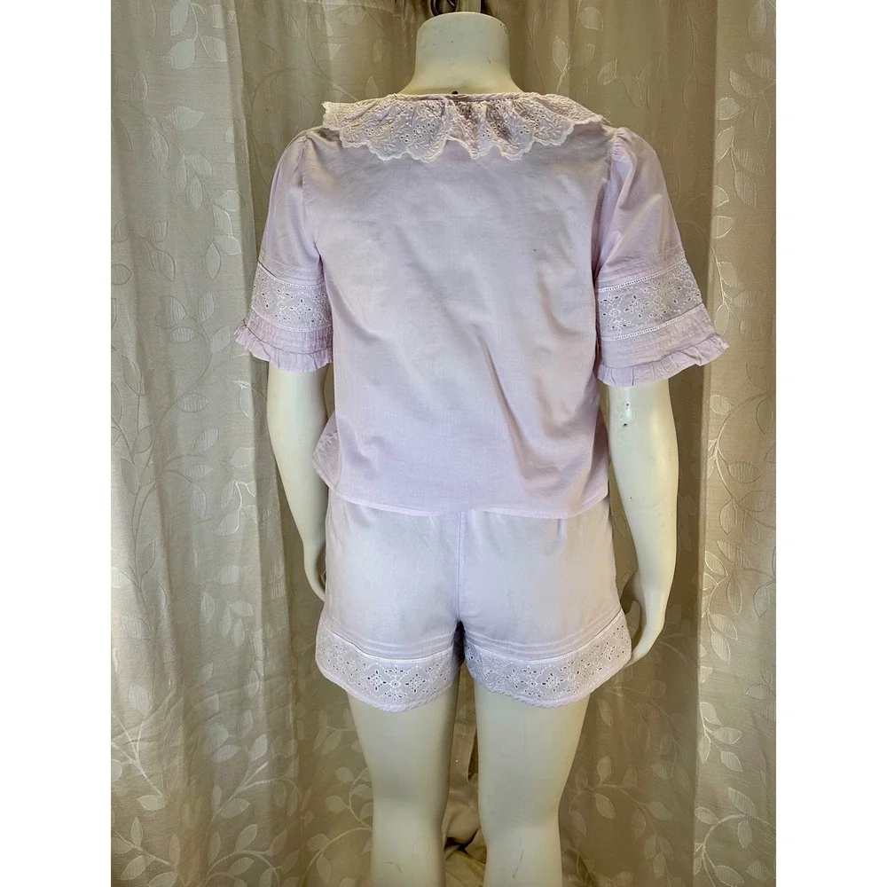 Women's‎ Medium Pink Pajama Set Ruffle Collar Top & Shorts Boho Cottagecore